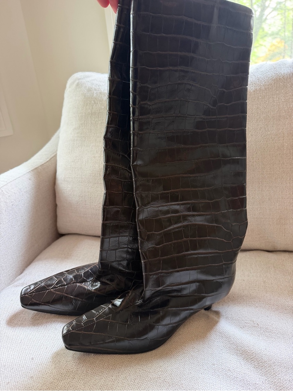 Toteme Dark Brown Croc-Embossed Knee-High Pointed-Toe Boots - Picture 2 of 4